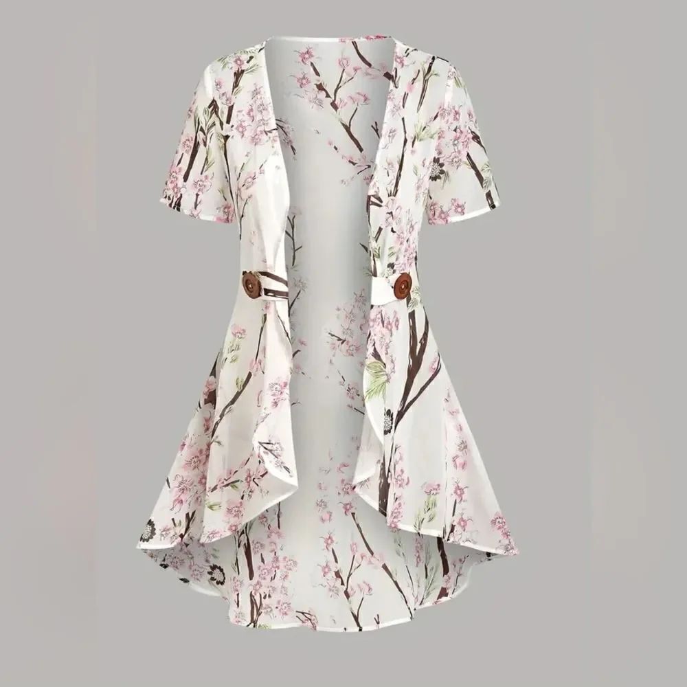 Dressfo 12 White Floral Print Shortsleeves Women's Opened Cardigan